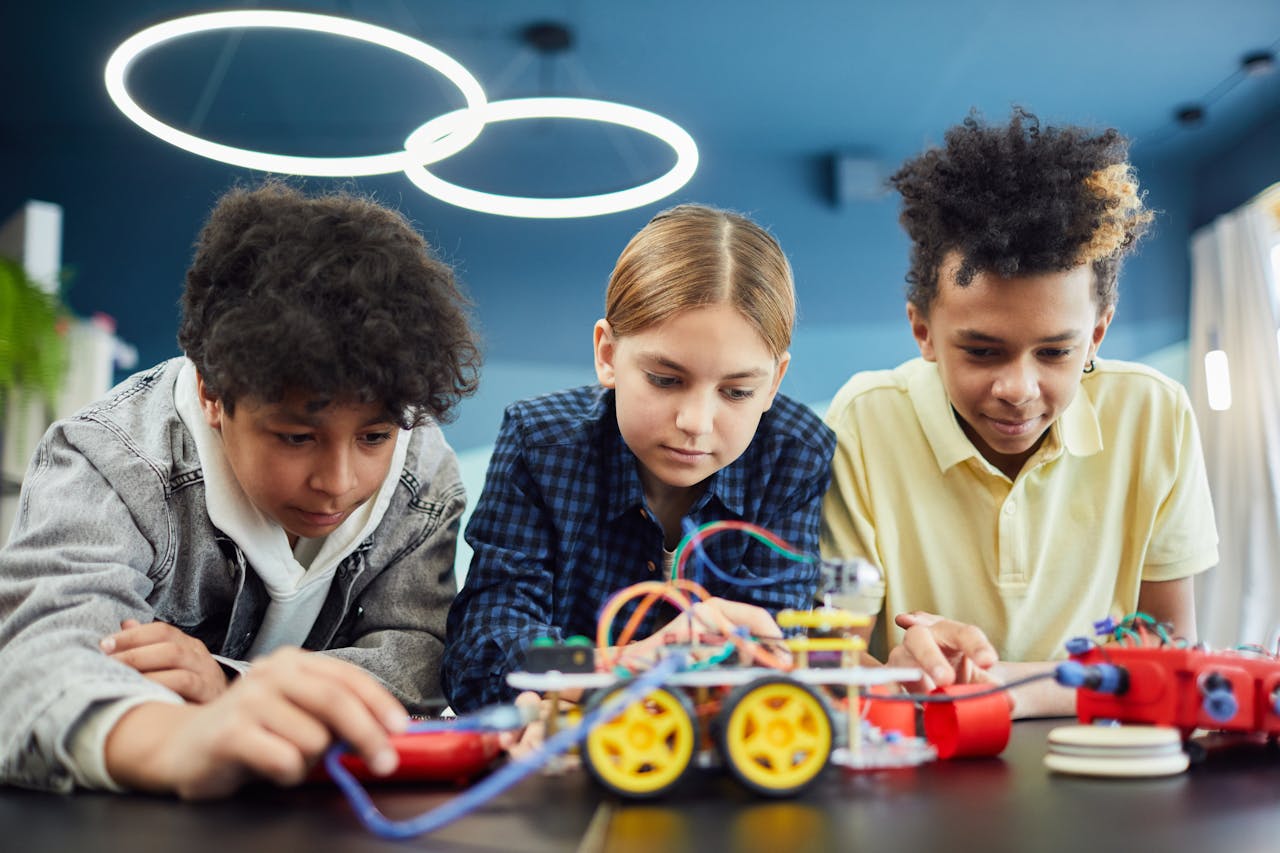 kids and some toy robots